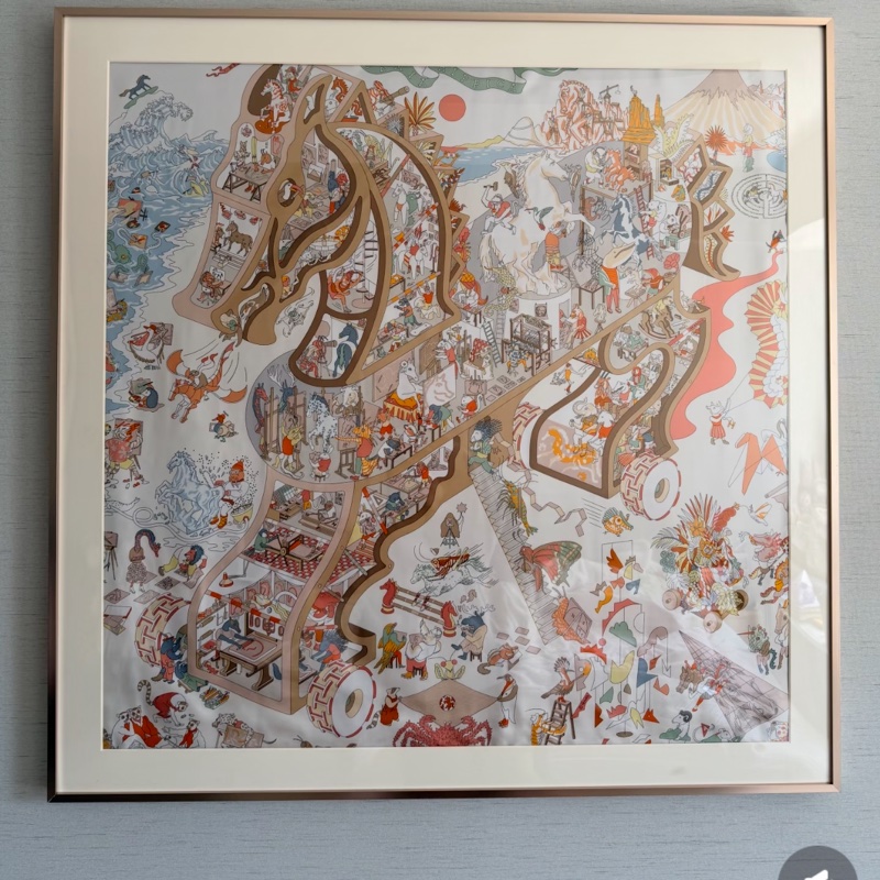 全新 Hermes 90絲巾  馬術學園裱畫 送禮-5