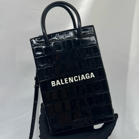巴黎世家 Balenciaga 迷你鱷魚壓紋手機包 兩用款 黑色 593826