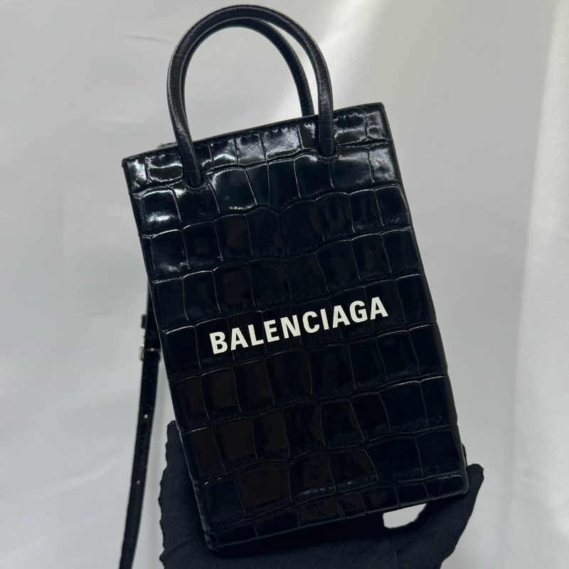 巴黎世家 Balenciaga 迷你鱷魚壓紋手機包 兩用款 黑色 593826-0