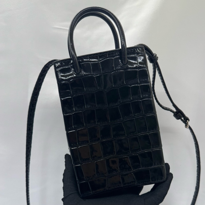 巴黎世家 Balenciaga 迷你鱷魚壓紋手機包 兩用款 黑色 593826-1