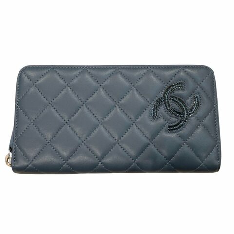 CHANEL 香奈兒 LOGO長夾 羊皮 灰藍色 銀釦