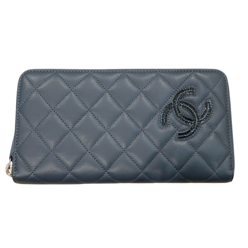 CHANEL 香奈兒 LOGO長夾 羊皮 灰藍色 銀釦-0