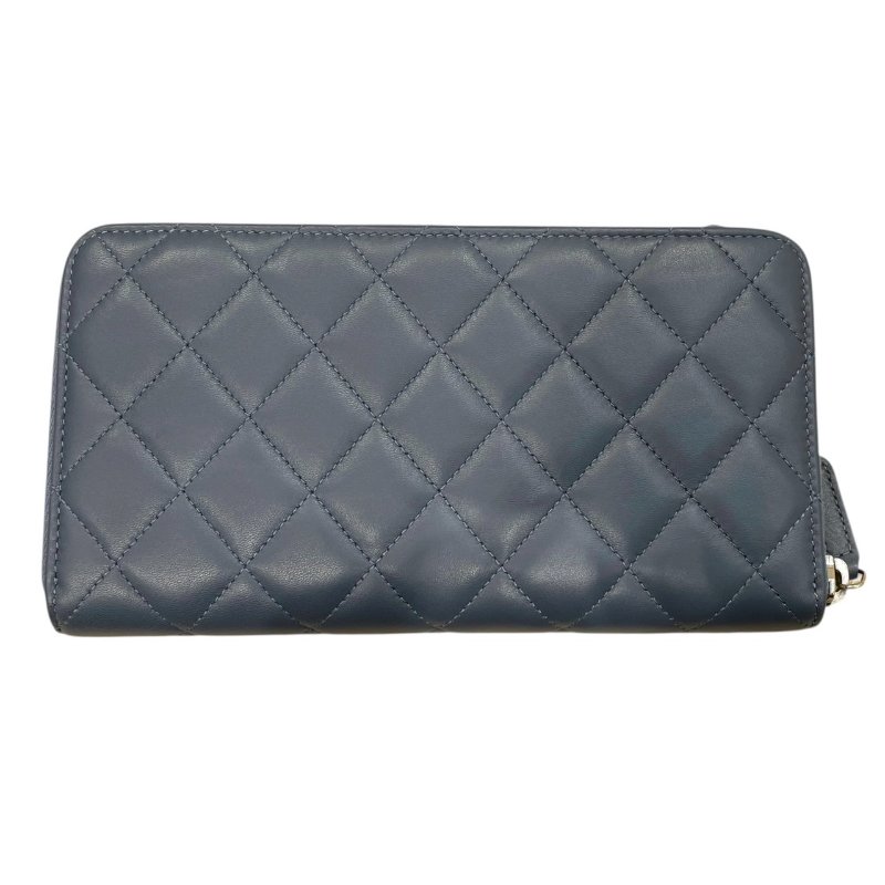 CHANEL 香奈兒 LOGO長夾 羊皮 灰藍色 銀釦-1