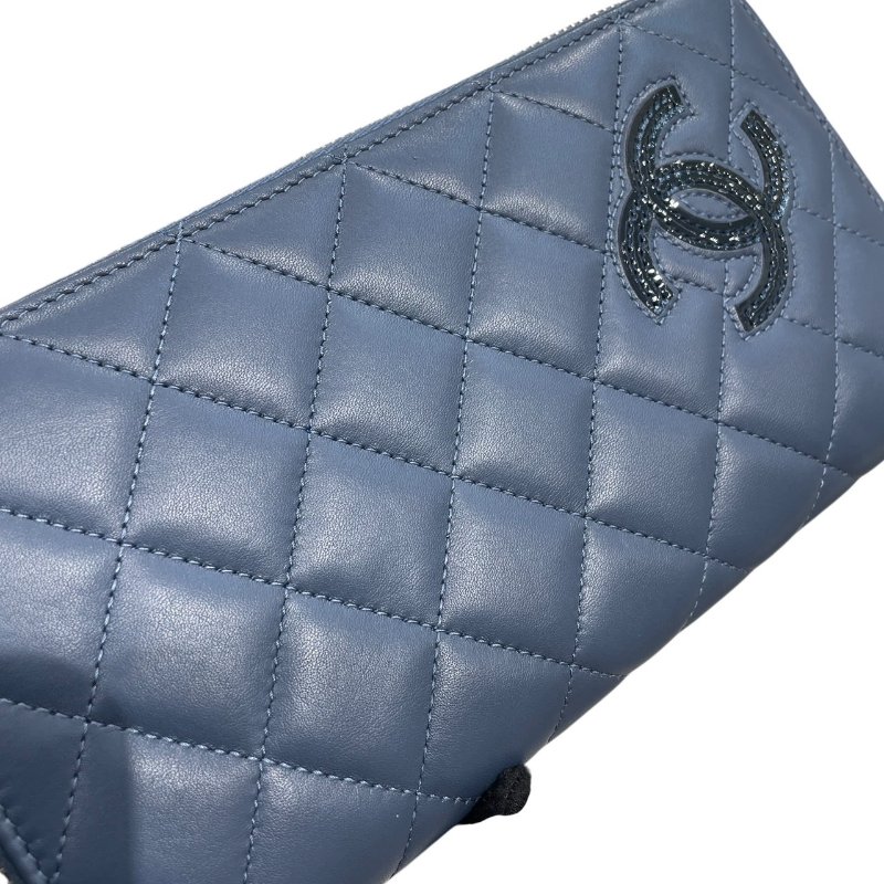 CHANEL 香奈兒 LOGO長夾 羊皮 灰藍色 銀釦-9
