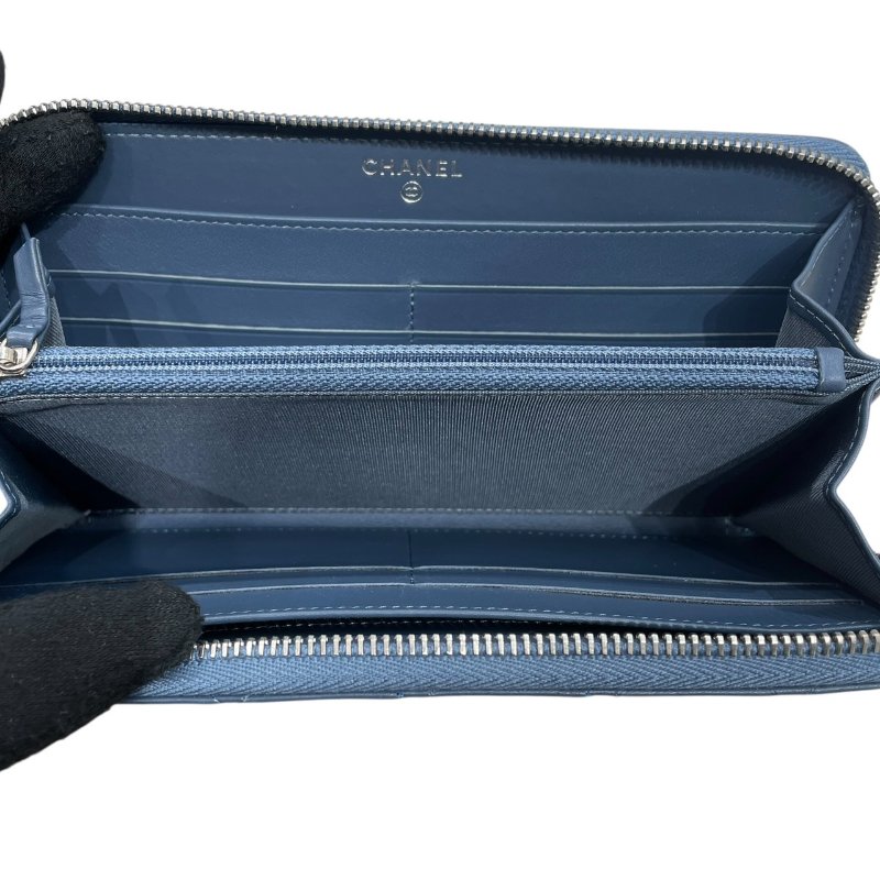 CHANEL 香奈兒 LOGO長夾 羊皮 灰藍色 銀釦-10