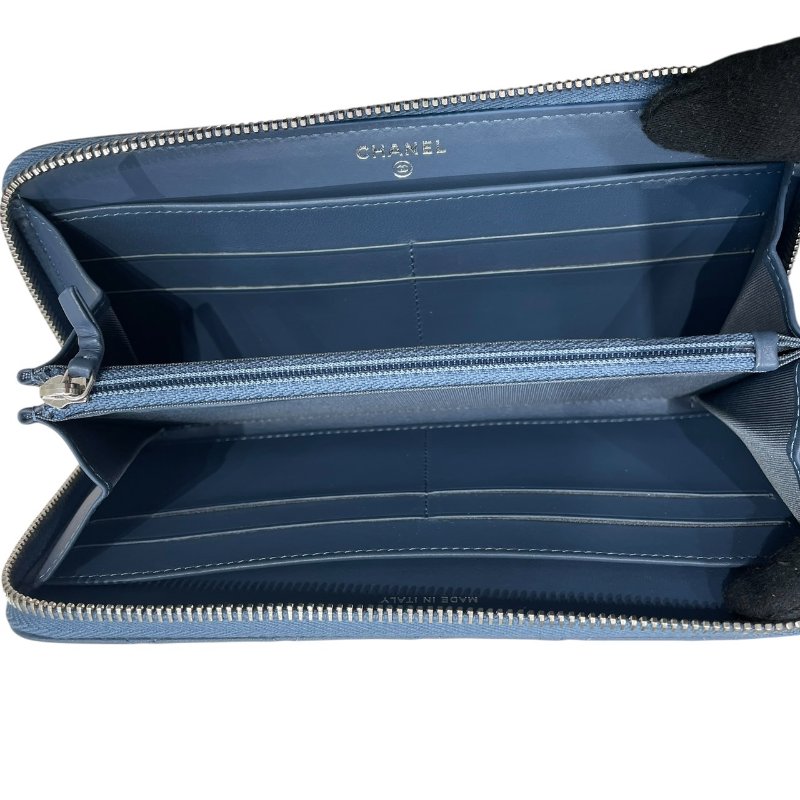 CHANEL 香奈兒 LOGO長夾 羊皮 灰藍色 銀釦-11