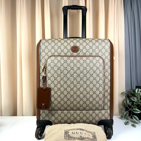 GUCCI古馳老花滿印行李箱 互扣式雙G標牌 帆布拼皮革 行李箱拉桿箱 容量大 實用性強 旅行出差都合適