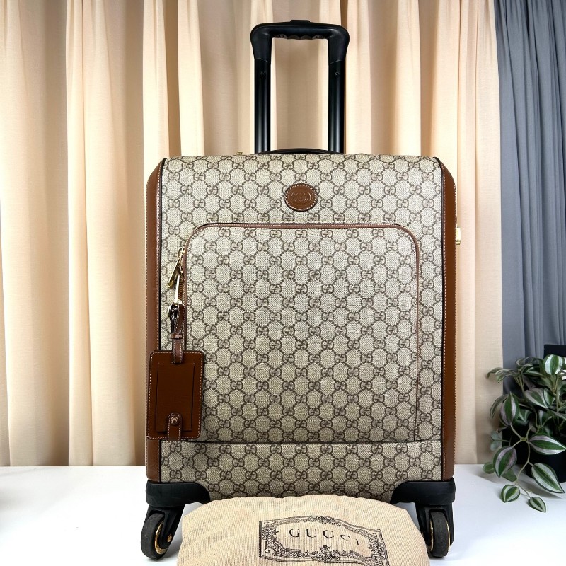 GUCCI古馳老花滿印行李箱 互扣式雙G標牌 帆布拼皮革 行李箱拉桿箱 容量大 實用性強 旅行出差都合適-0