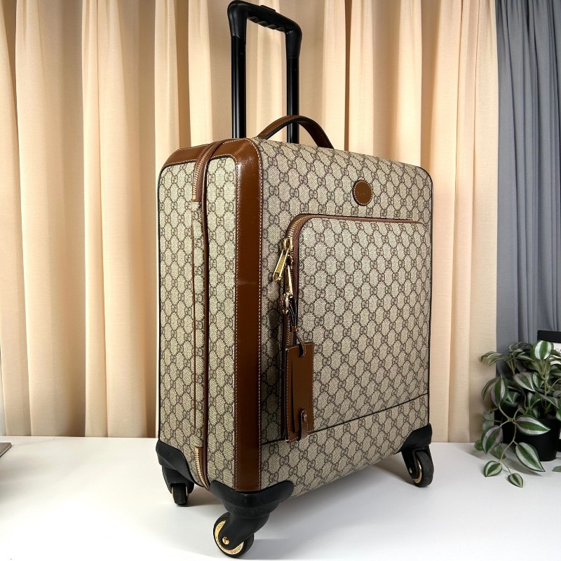GUCCI古馳老花滿印行李箱 互扣式雙G標牌 帆布拼皮革 行李箱拉桿箱 容量大 實用性強 旅行出差都合適-2