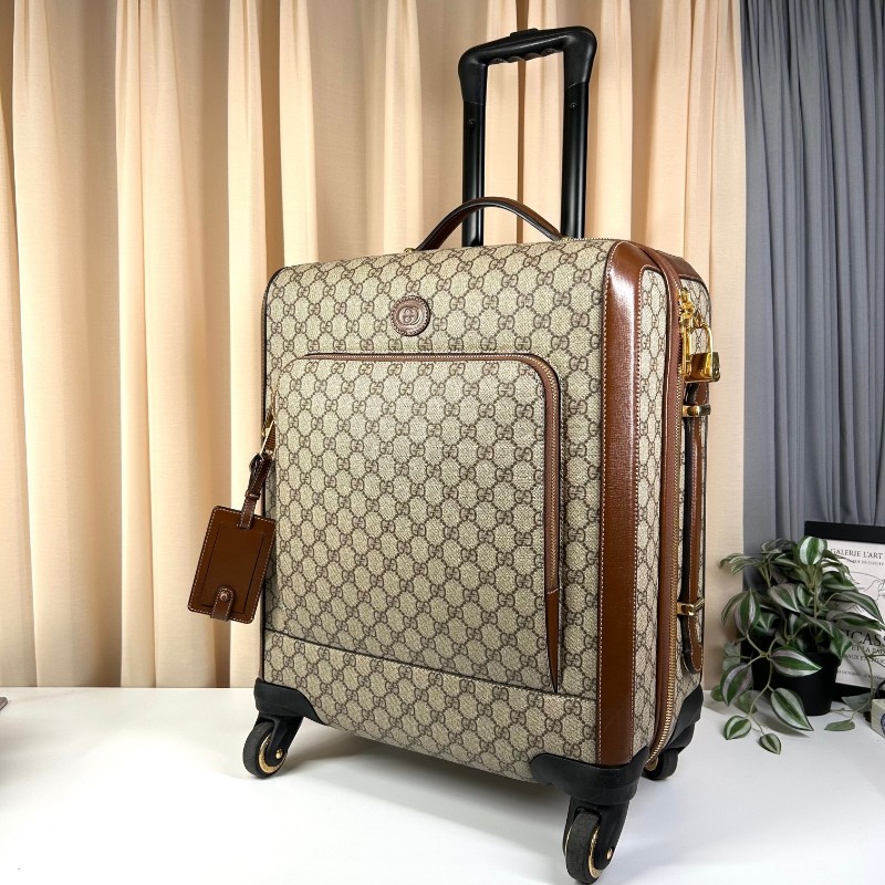 GUCCI古馳老花滿印行李箱 互扣式雙G標牌 帆布拼皮革 行李箱拉桿箱 容量大 實用性強 旅行出差都合適-3