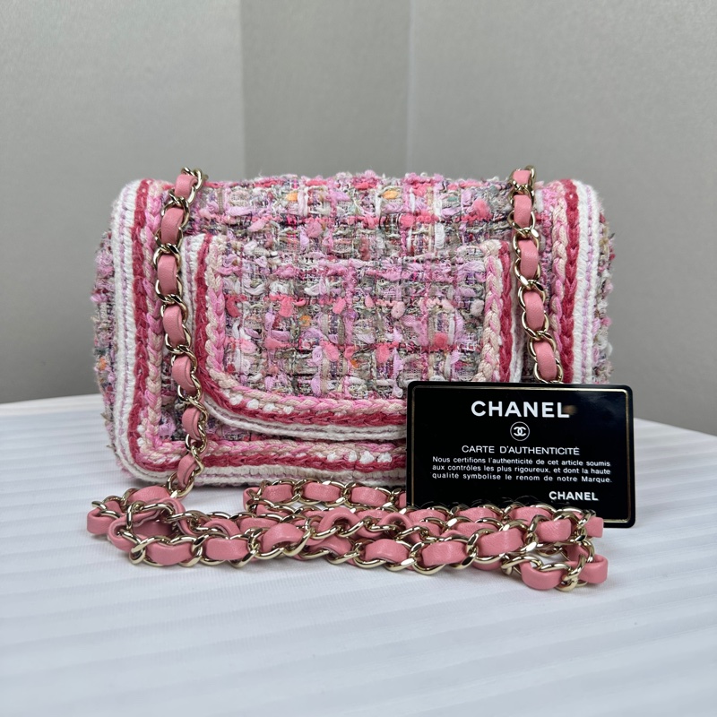 香奈兒/Chanel 粉色金扣編織粗花呢cf Mini Tweed-1