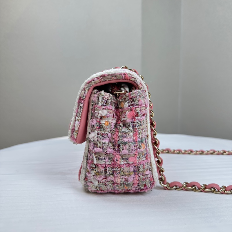 香奈兒/Chanel 粉色金扣編織粗花呢cf Mini Tweed-2
