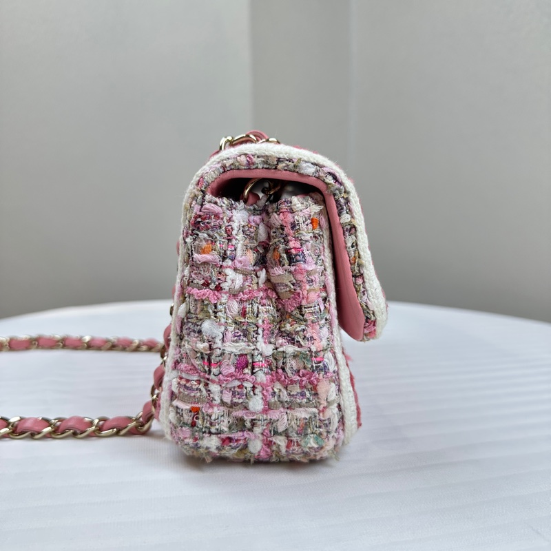 香奈兒/Chanel 粉色金扣編織粗花呢cf Mini Tweed-3