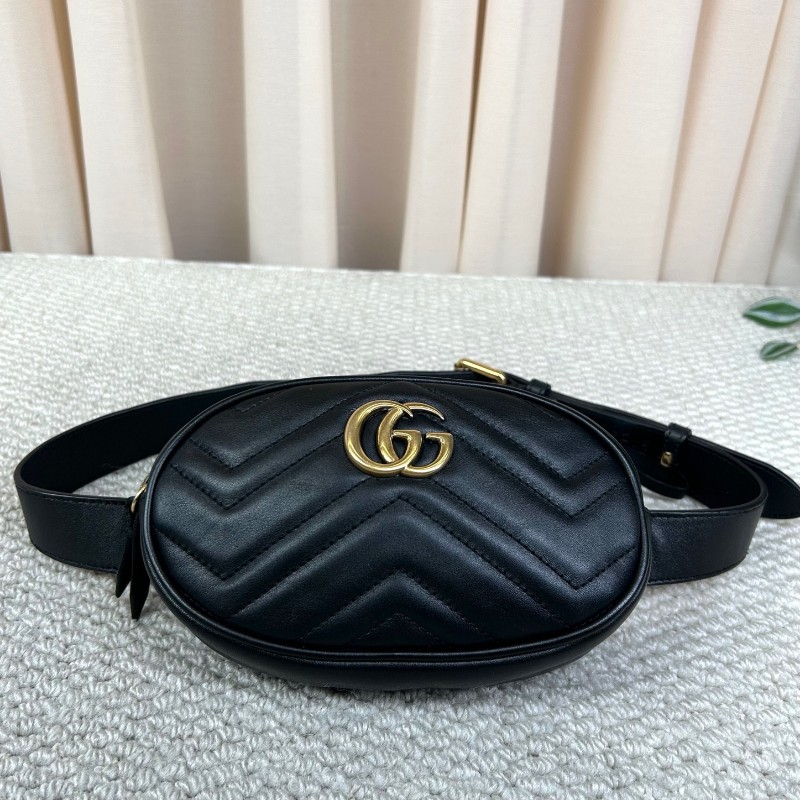 Gucci古馳黑色GG Marmont系列馬蒙胸包腰包 經典黑金配色 皮質軟 手感好 肩帶可拆卸 也可當手包使用 多種背法 日常百搭-0