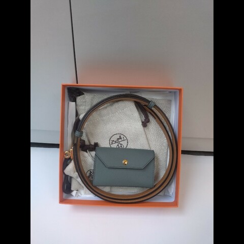 Hermes 金釦灰皮凱莉細腰帶（附卡片套）Kelly pocket 18