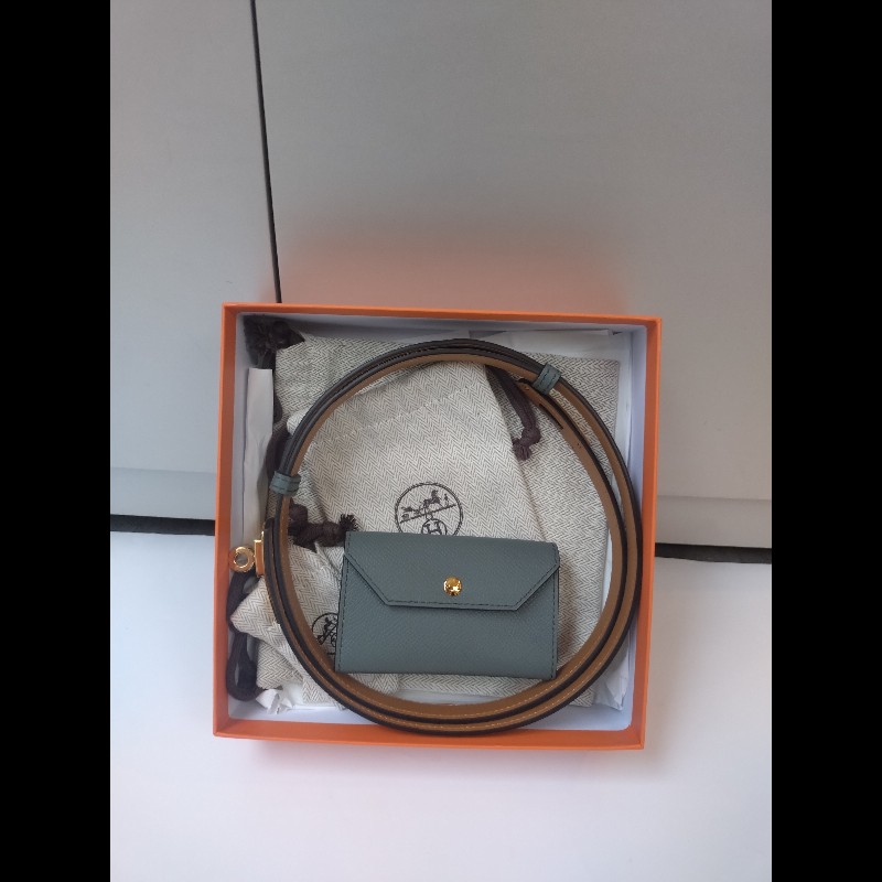 Hermes 金釦灰皮凱莉細腰帶（附卡片套）Kelly pocket 18-0