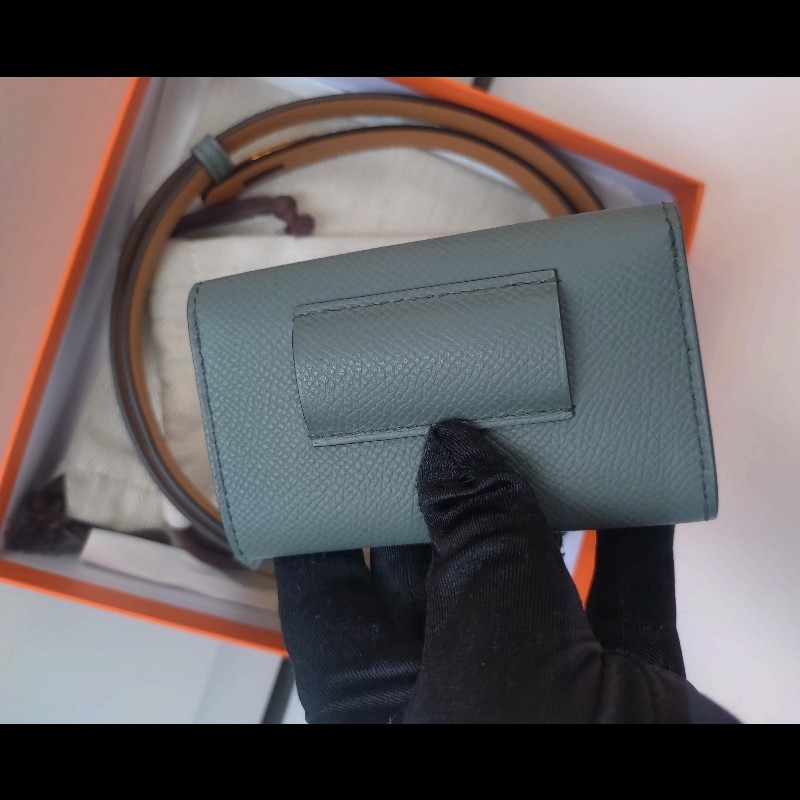 Hermes 金釦灰皮凱莉細腰帶（附卡片套）Kelly pocket 18-3