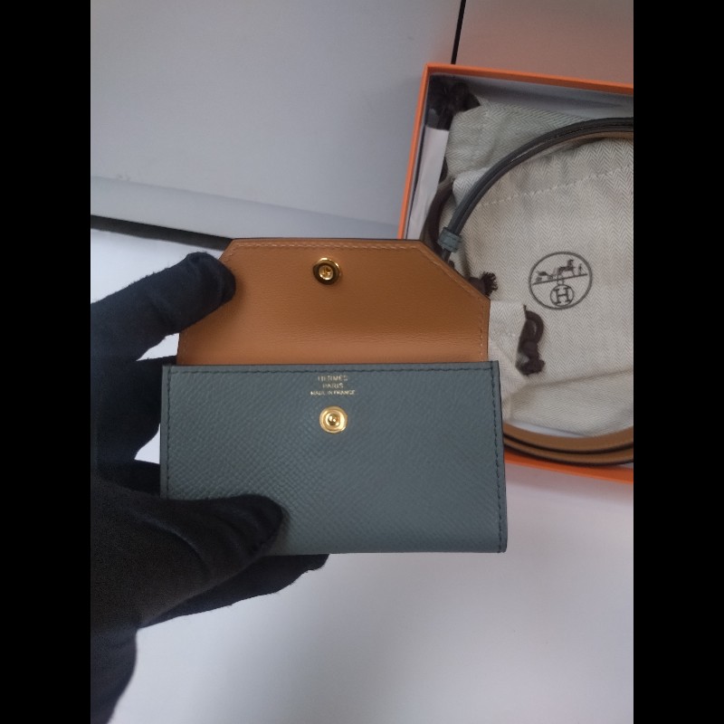 Hermes 金釦灰皮凱莉細腰帶（附卡片套）Kelly pocket 18-6