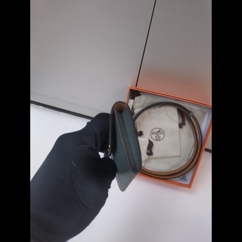 Hermes 金釦灰皮凱莉細腰帶（附卡片套）Kelly pocket 18-8