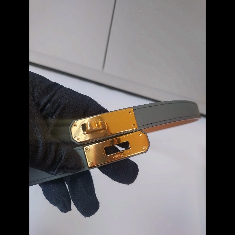 Hermes 金釦灰皮凱莉細腰帶（附卡片套）Kelly pocket 18-13