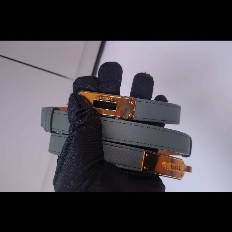 Hermes 金釦灰皮凱莉細腰帶（附卡片套）Kelly pocket 18-14