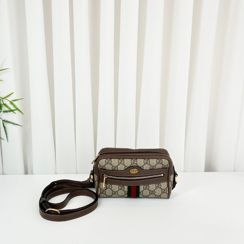 古馳/Gucci  Ophidia腰包，經典GG老花帆布配棕色皮革，紅綠織帶點綴， 金色拉鍊五金，可做腰包斜挎包 內裡乾淨整潔，適合日常通勤背-0