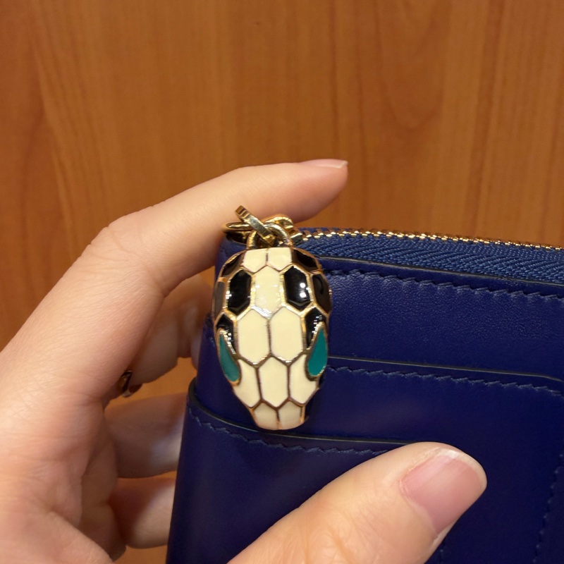 Bvlgari 深藍牛皮金釦Forever 蛇頭ㄇ拉零錢卡包-4