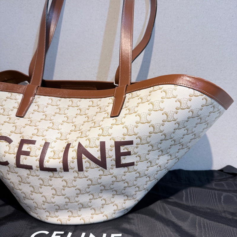 CELINE✨COUFFIN白色老花扇形托特包單肩包沙灘包購物包-3
