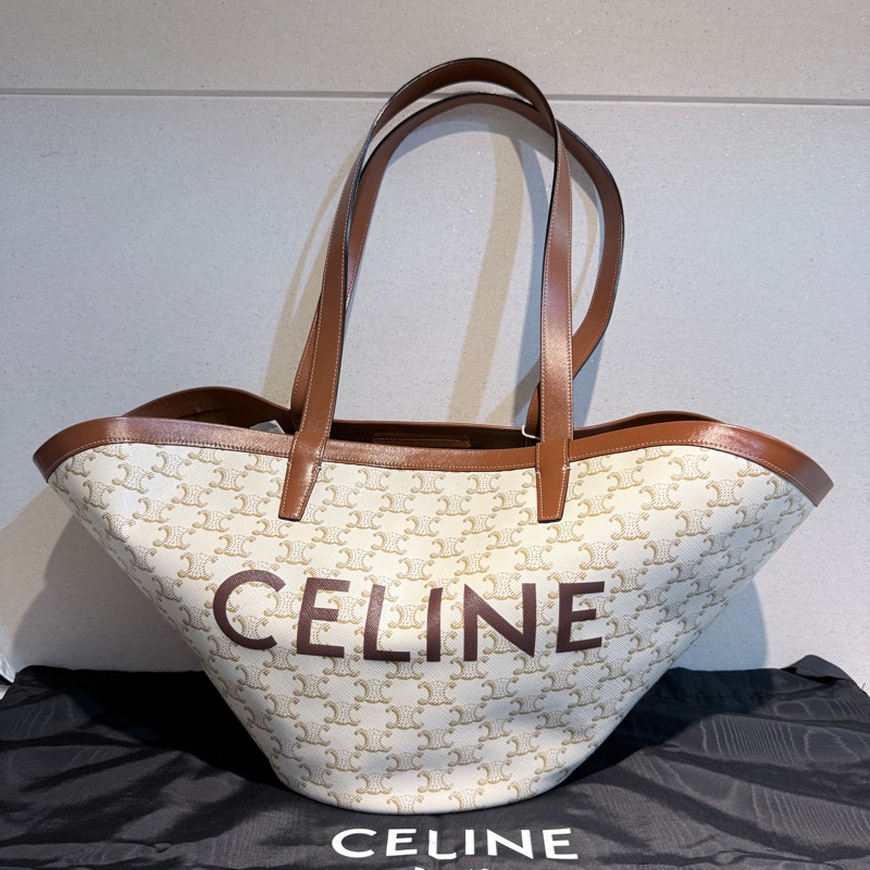 CELINE✨COUFFIN白色老花扇形托特包單肩包沙灘包購物包-5
