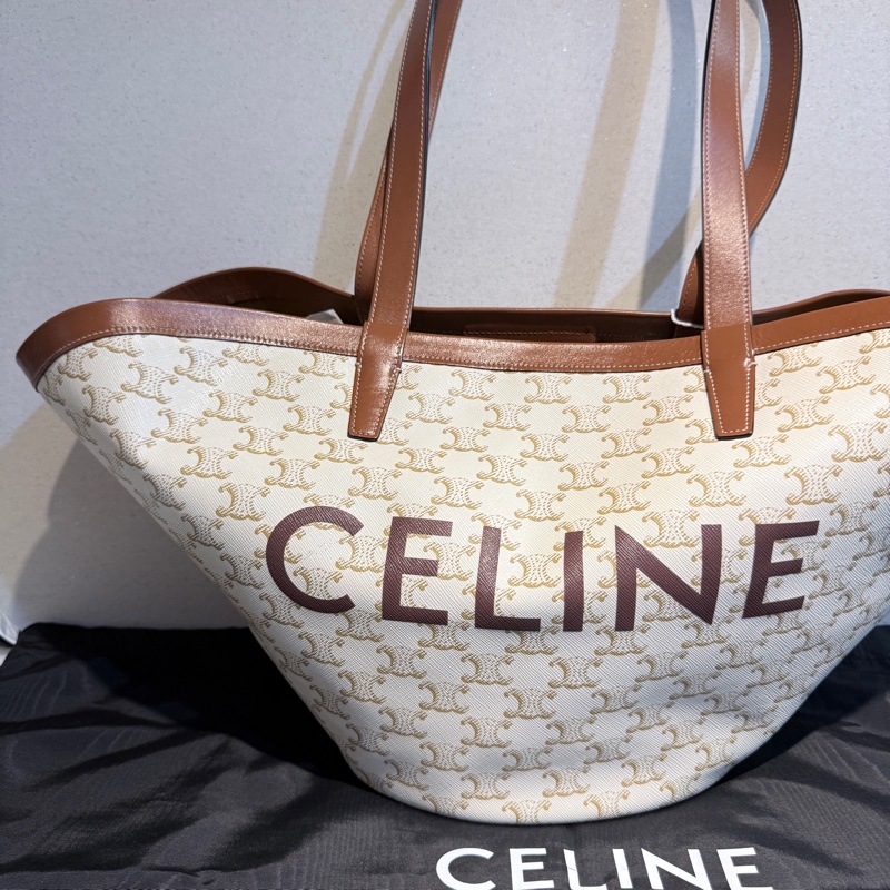 CELINE✨COUFFIN白色老花扇形托特包單肩包沙灘包購物包-7