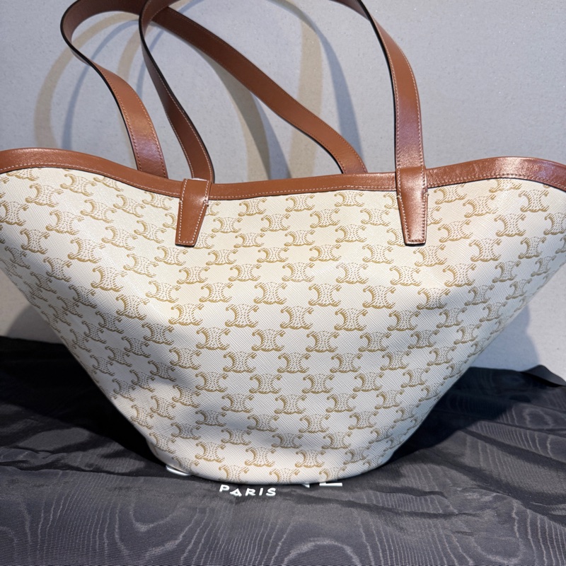 CELINE✨COUFFIN白色老花扇形托特包單肩包沙灘包購物包-16