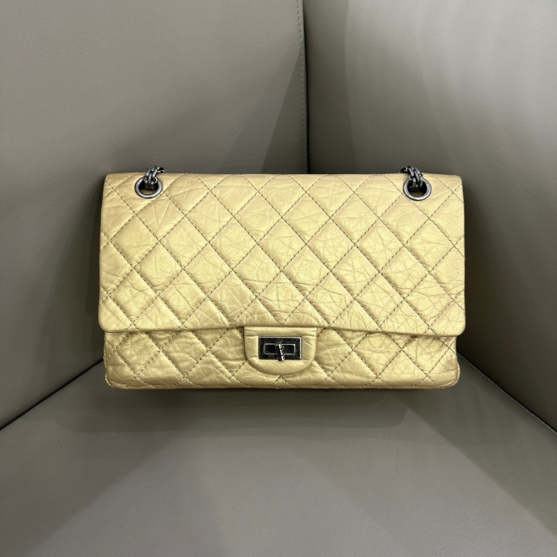 Chanel 2.55香檳金色鏈條口蓋包中號 油蠟牛皮 28*17 98新配件塵袋-1