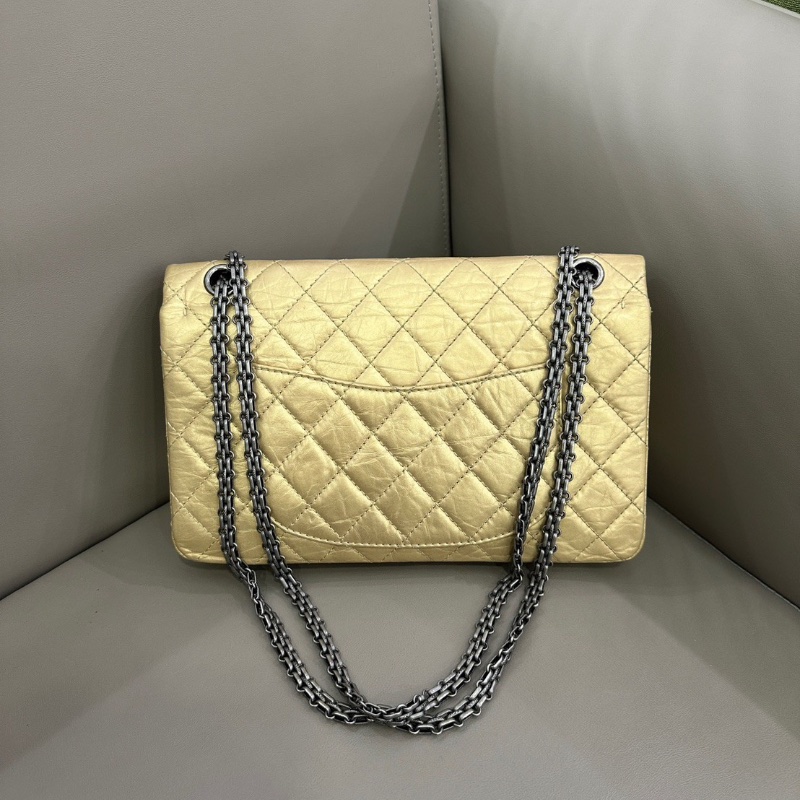 Chanel 2.55香檳金色鏈條口蓋包中號 油蠟牛皮 28*17 98新配件塵袋-6