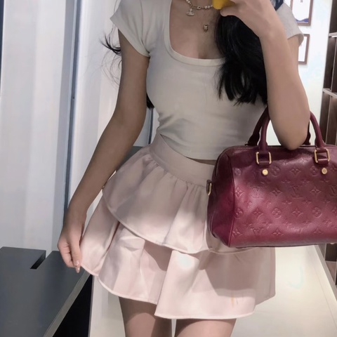 LV玫紅色金扣全皮speedy25手提肩背包25*17*15 98新配件塵袋