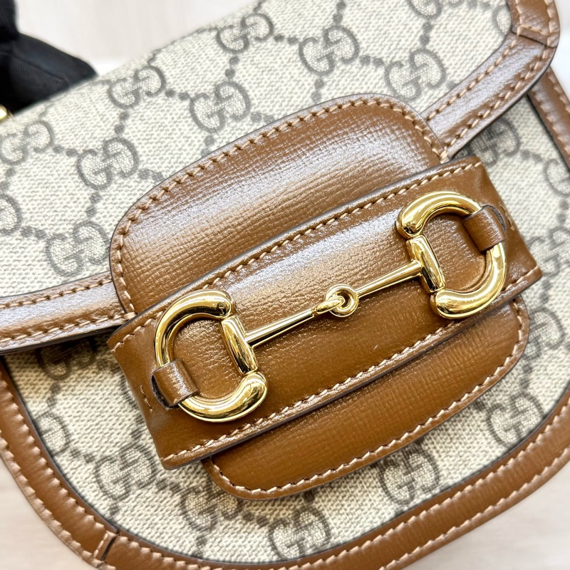 Gucci原花棕Horsebit 1955手把mini側背包-25