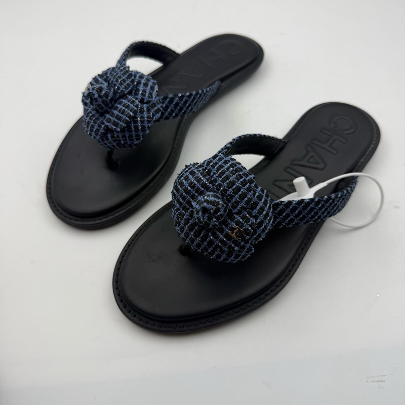 chanel香奈兒山茶花深藍色涼鞋/37.5碼附件：無-0