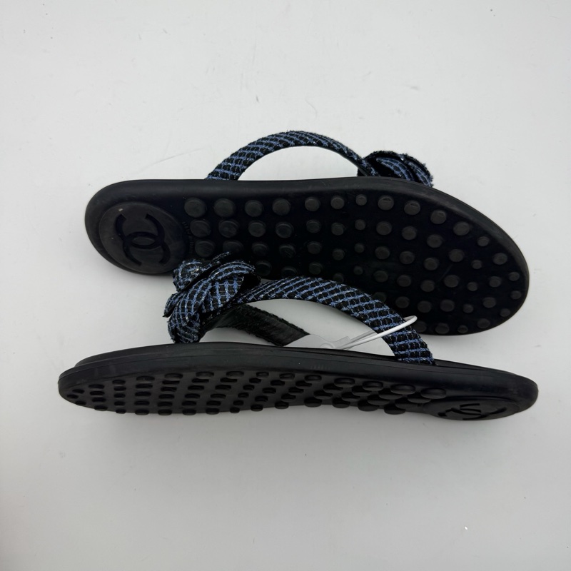 chanel香奈兒山茶花深藍色涼鞋/37.5碼附件：無-1