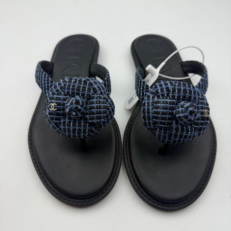 chanel香奈兒山茶花深藍色涼鞋/37.5碼附件：無-2