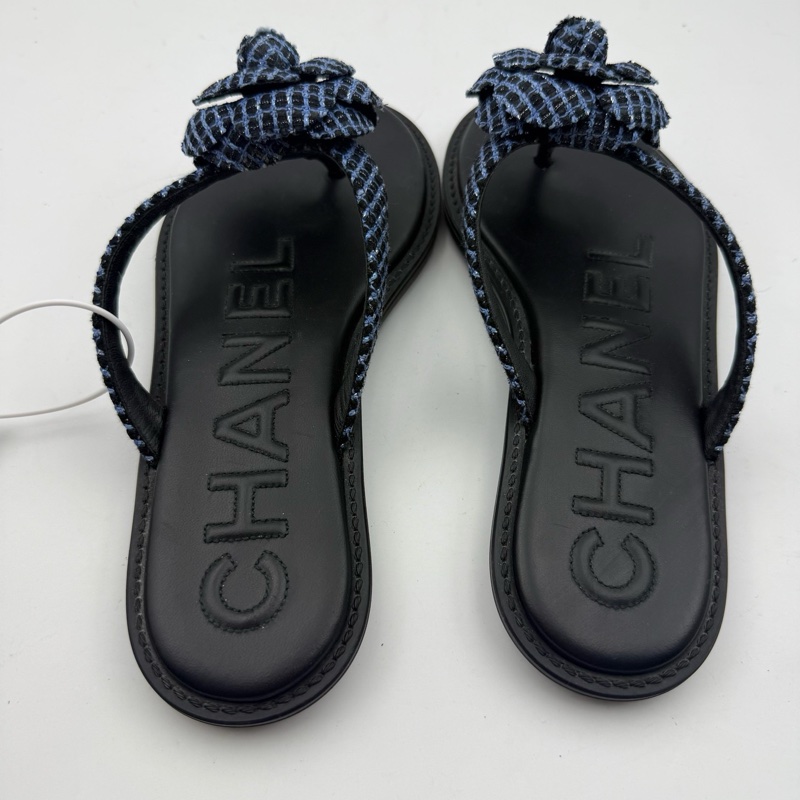 chanel香奈兒山茶花深藍色涼鞋/37.5碼附件：無-3