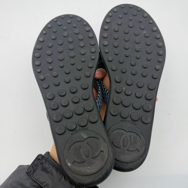 chanel香奈兒山茶花深藍色涼鞋/37.5碼附件：無-6