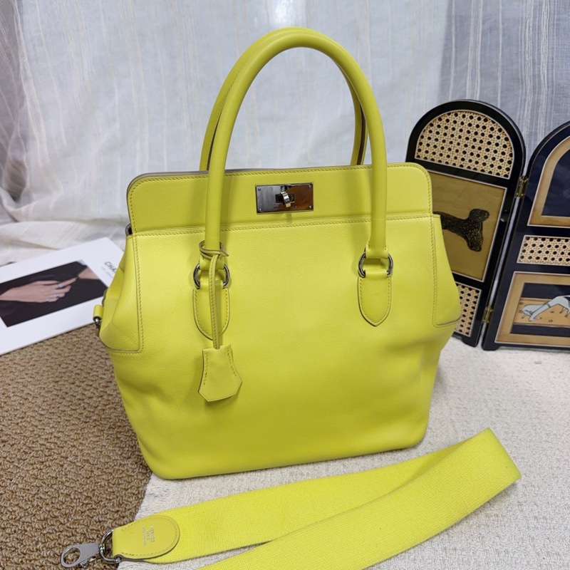 HERMES愛馬仕Too1box黃色銀扣牛奶盒子26手提單肩斜挎包-0