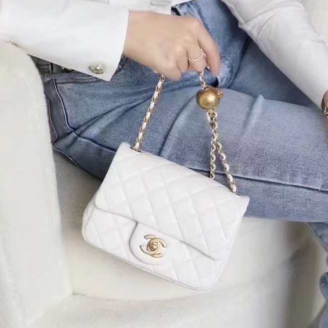 公主駕到💗99新🆕Chanel香奈兒白金鏈條菱格紋金球方胖子單肩斜挎包-0