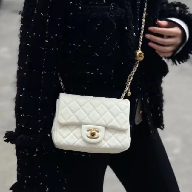 公主駕到💗99新🆕Chanel香奈兒白金鏈條菱格紋金球方胖子單肩斜挎包-3