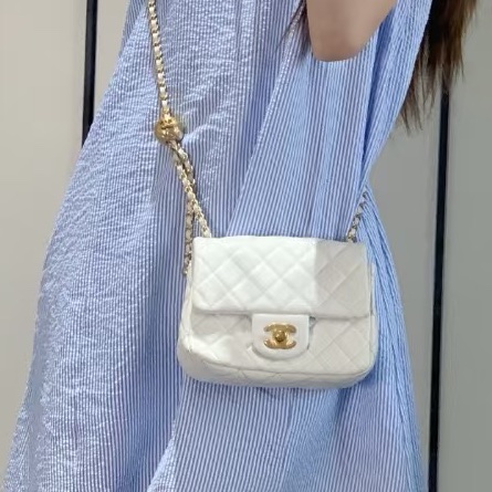 公主駕到💗99新🆕Chanel香奈兒白金鏈條菱格紋金球方胖子單肩斜挎包-5