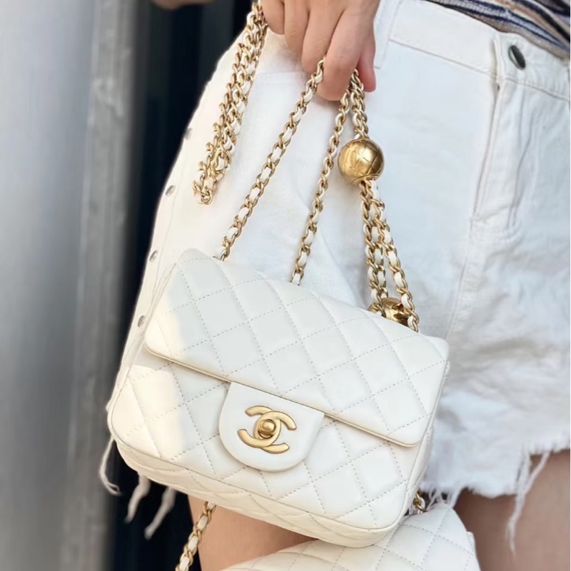 公主駕到💗99新🆕Chanel香奈兒白金鏈條菱格紋金球方胖子單肩斜挎包-6