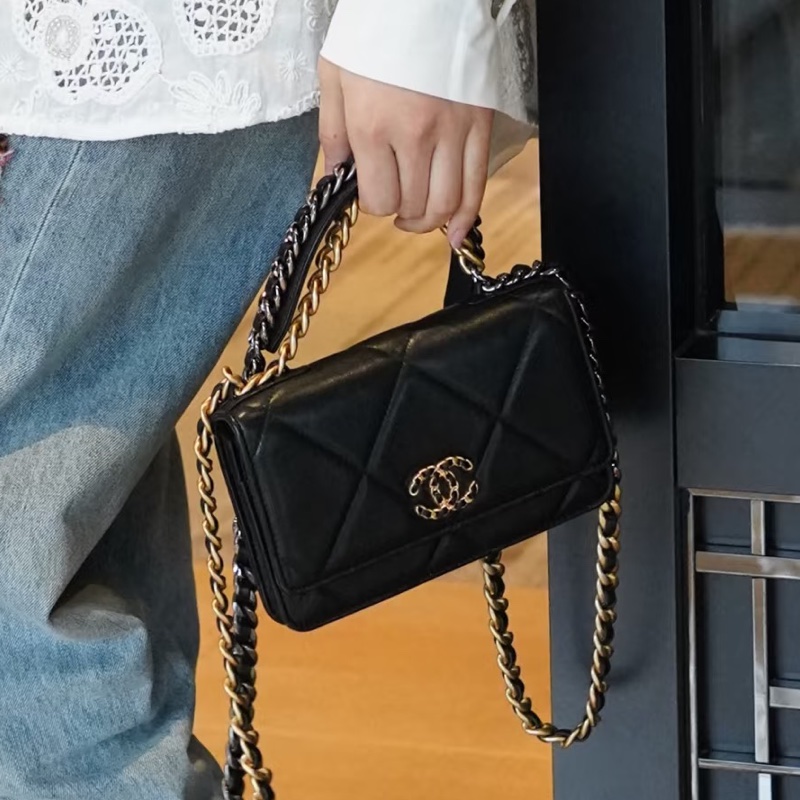 美到失語🖤🈶購證😍Chanel香奈兒黑金19bag大菱格紋woc鏈條發財包單肩斜挎包-0