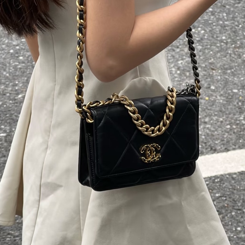美到失語🖤🈶購證😍Chanel香奈兒黑金19bag大菱格紋woc鏈條發財包單肩斜挎包-1
