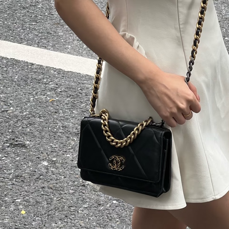 美到失語🖤🈶購證😍Chanel香奈兒黑金19bag大菱格紋woc鏈條發財包單肩斜挎包-2