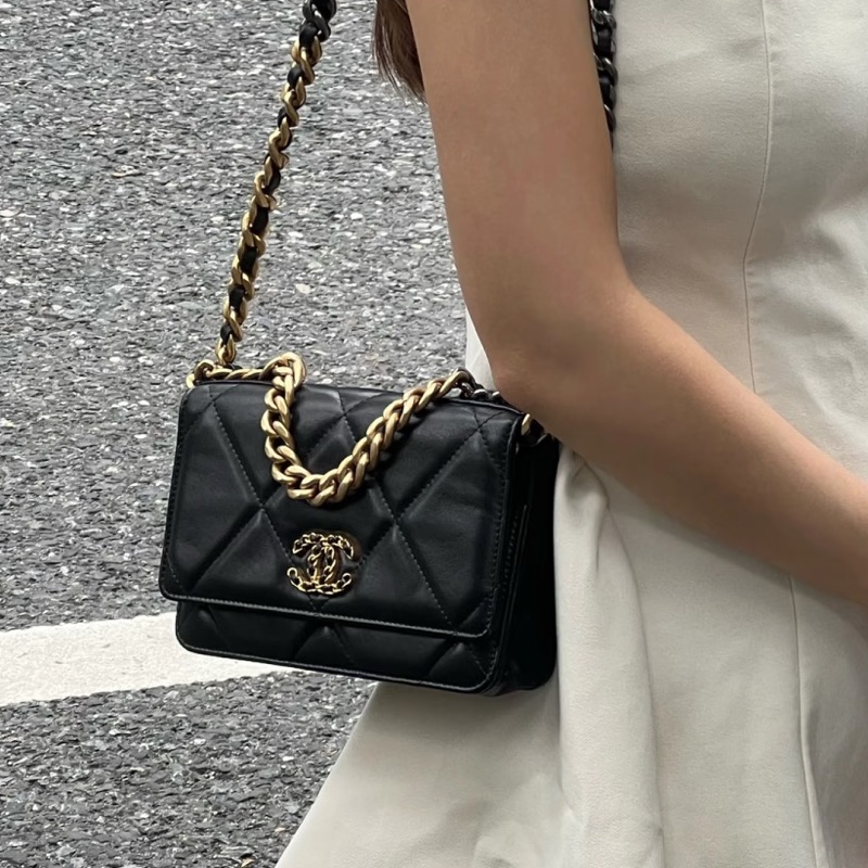 美到失語🖤🈶購證😍Chanel香奈兒黑金19bag大菱格紋woc鏈條發財包單肩斜挎包-4