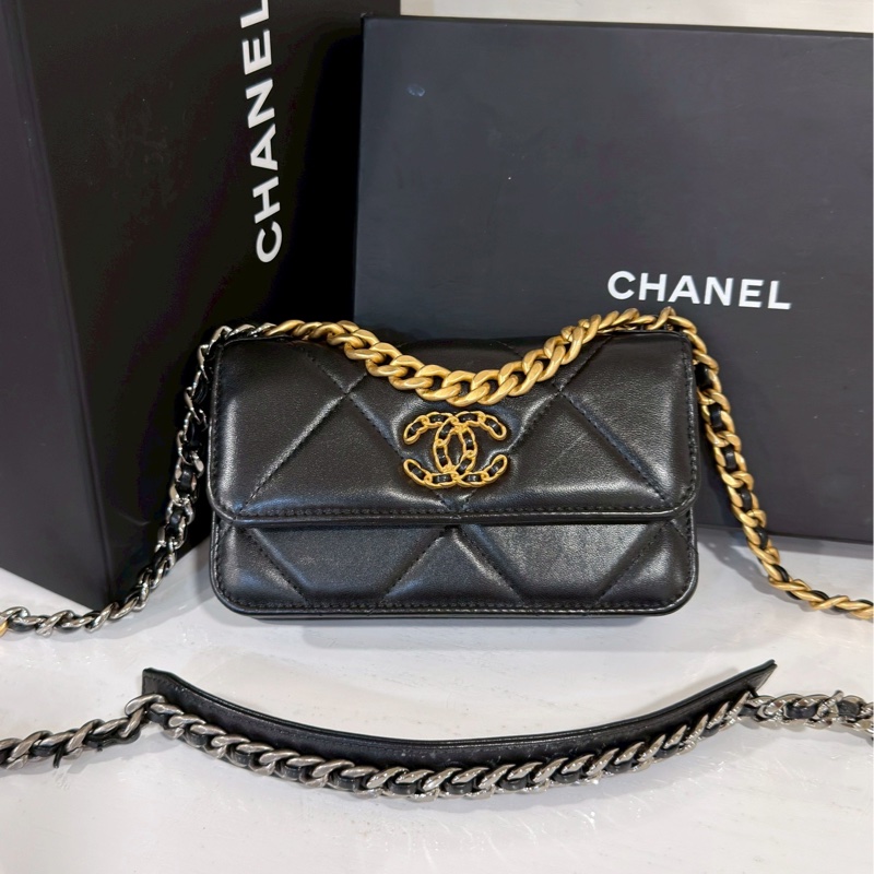 美到失語🖤🈶購證😍Chanel香奈兒黑金19bag大菱格紋woc鏈條發財包單肩斜挎包-7
